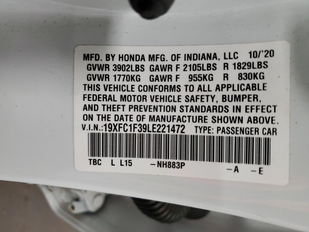 2020 Honda Civic Ex VIN: 19XFC1F39LE221472 Lot: 64207774