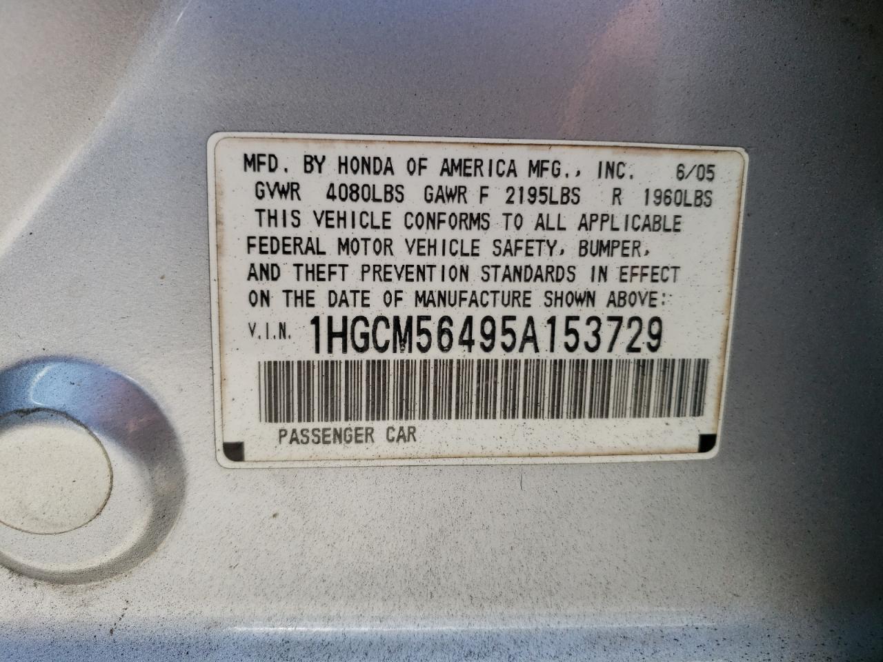 2005 Honda Accord Lx VIN: 1HGCM56495A153729 Lot: 63732414