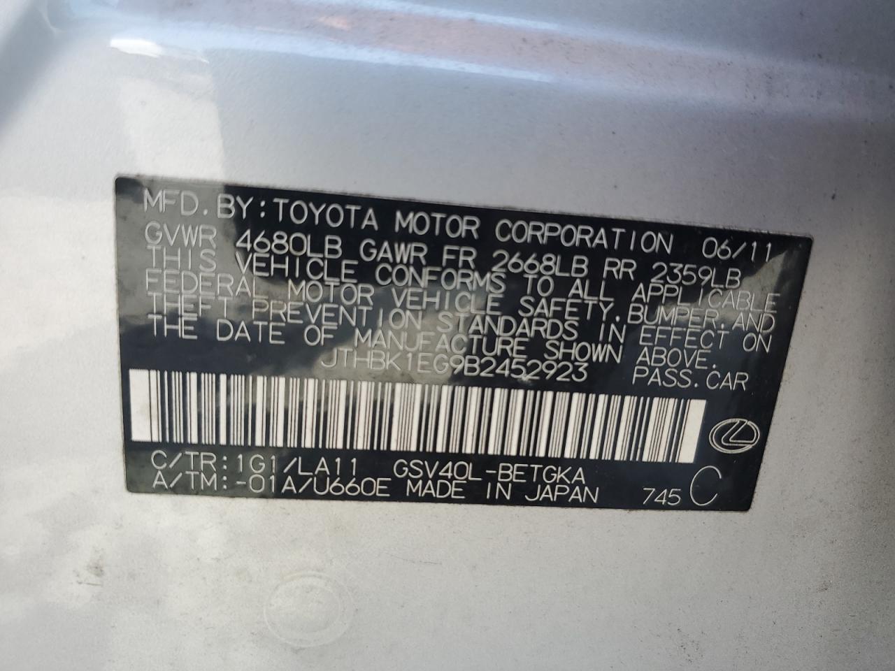 2011 Lexus Es 350 VIN: JTHBK1EG9B2452923 Lot: 65543794