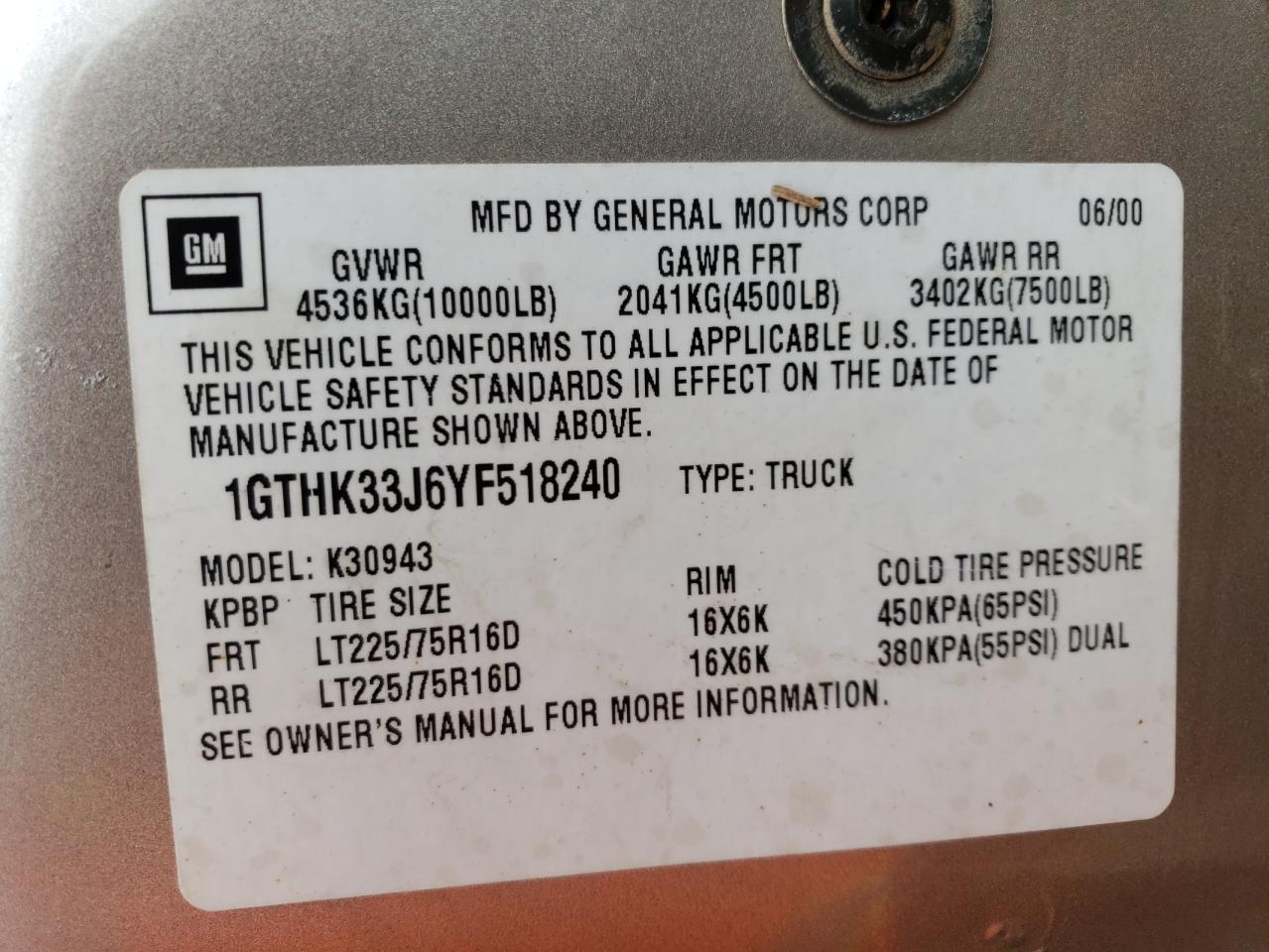 1GTHK33J6YF518240 2000 GMC Sierra K3500