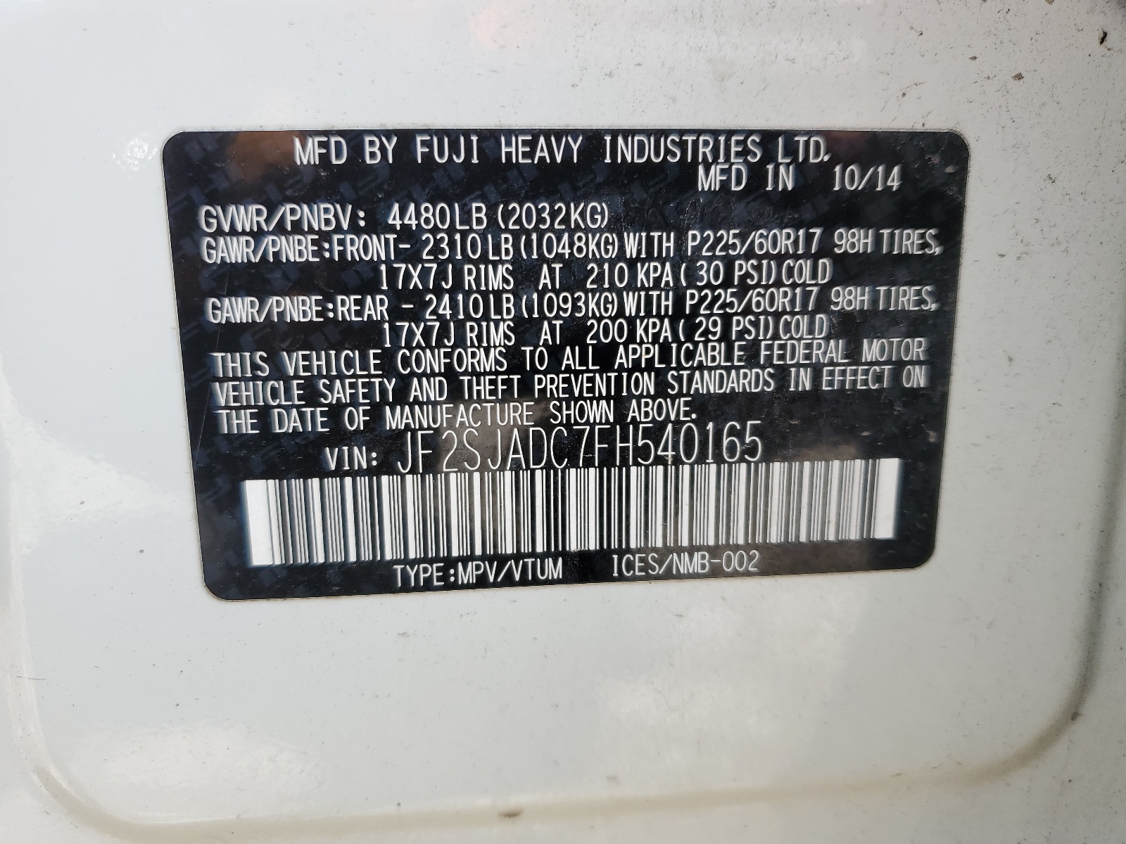 JF2SJADC7FH540165 2015 Subaru Forester 2.5I Premium