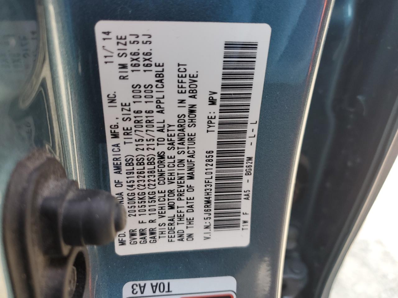 2015 Honda Cr-V Lx VIN: 5J6RM4H33FL012856 Lot: 64966064