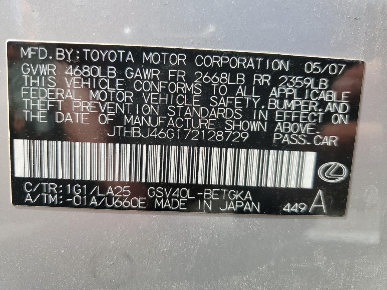 2007 Lexus Es 350 VIN: JTHBJ46G172128729 Lot: 64391604