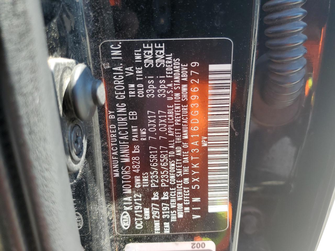 2013 Kia Sorento Lx VIN: 5XYKT3A16DG396279 Lot: 60707354