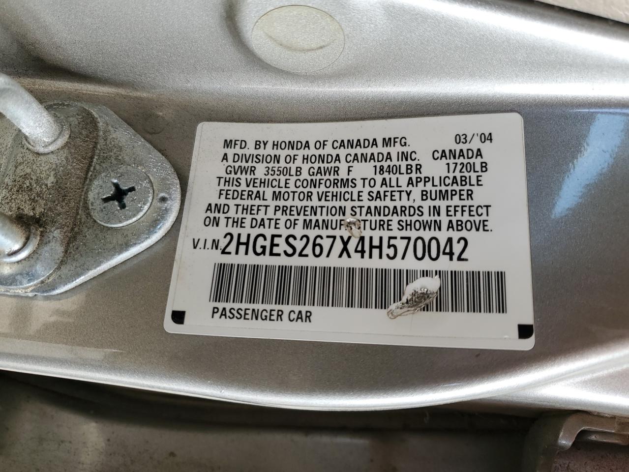 2004 Honda Civic Ex VIN: 2HGES267X4H570042 Lot: 63731204