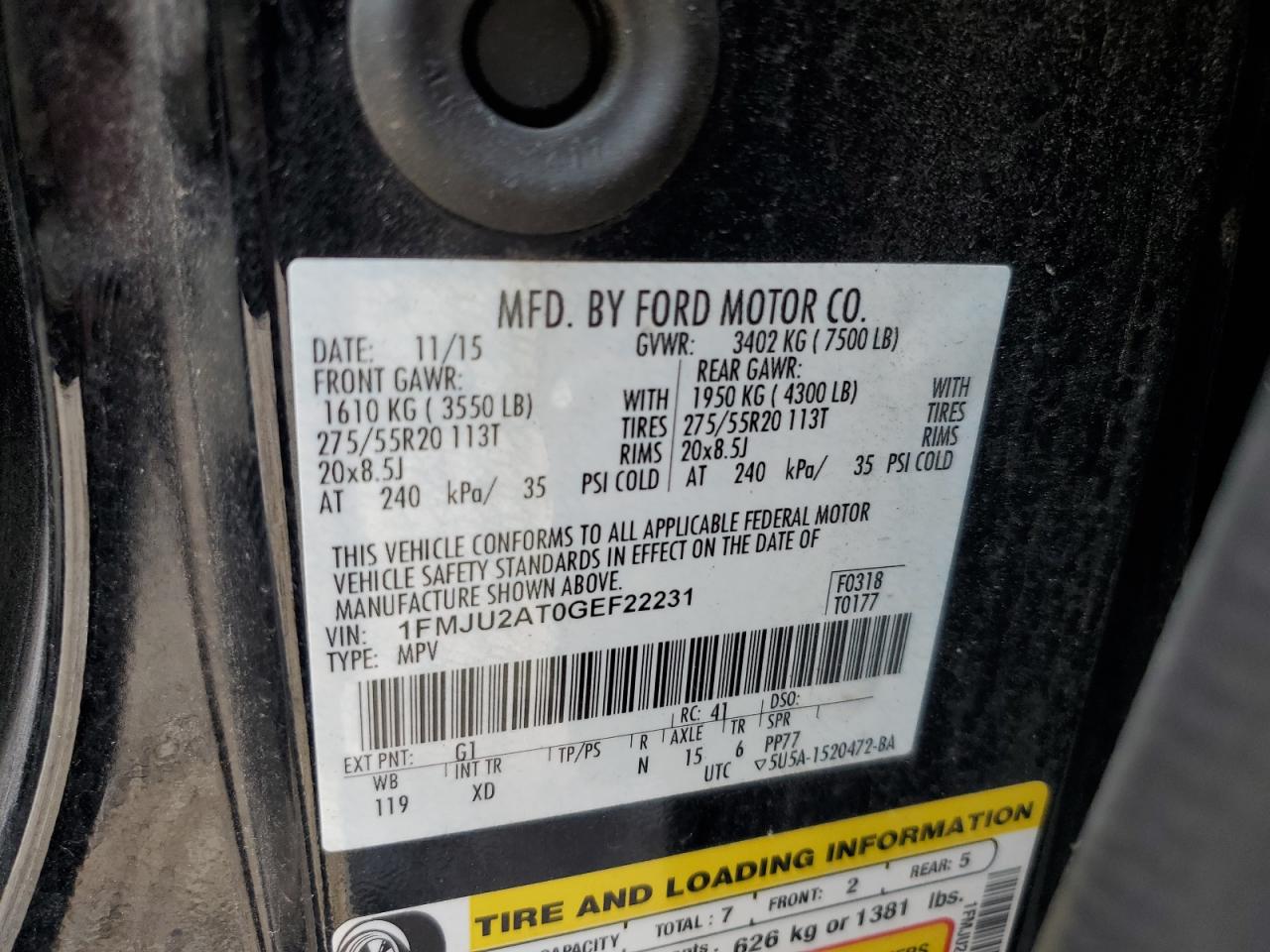 2016 Ford Expedition Limited VIN: 1FMJU2AT0GEF22231 Lot: 61373784