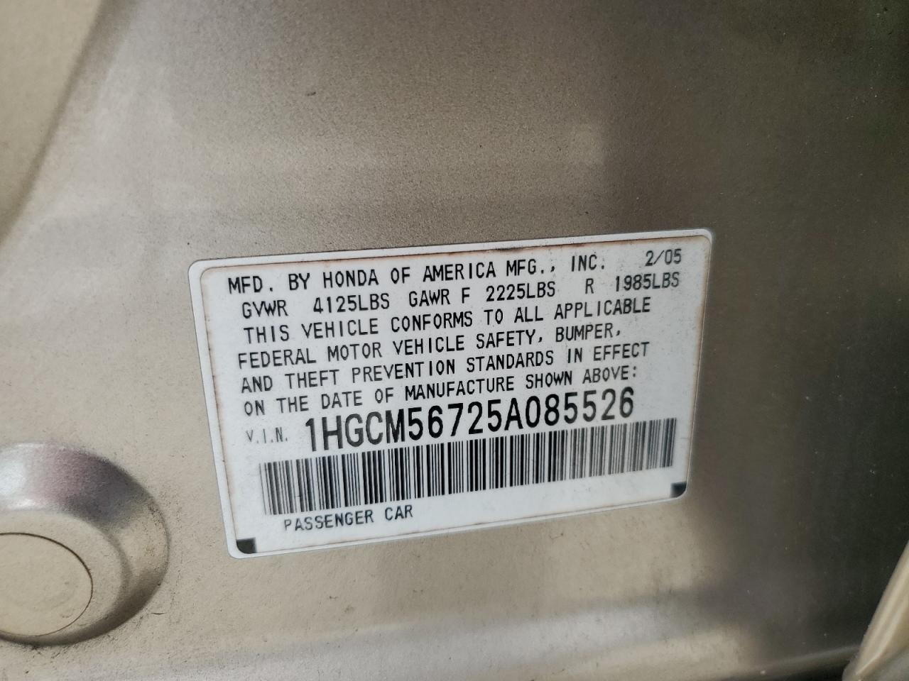 2005 Honda Accord Ex VIN: 1HGCM56725A085526 Lot: 63431114