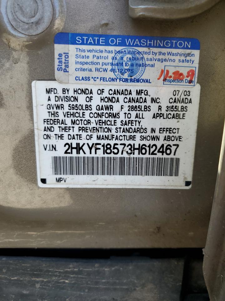 2003 Honda Pilot Exl VIN: 2HKYF18573H612467 Lot: 61343394