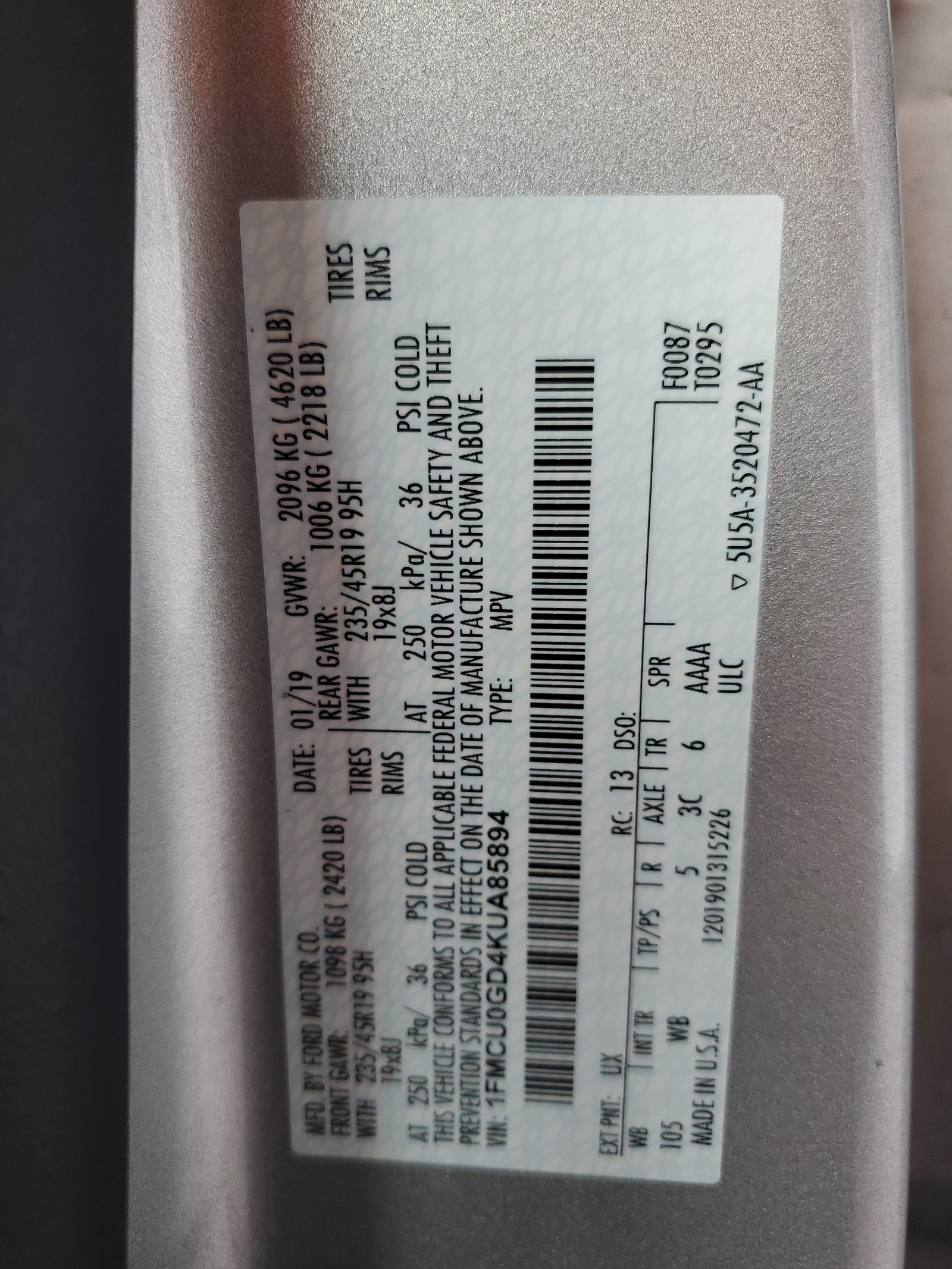 1FMCU0GD4KUA85894 2019 Ford Escape Se