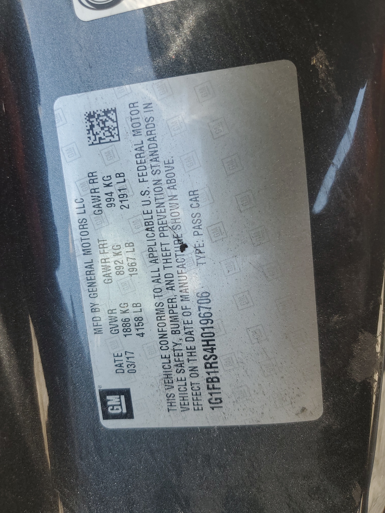 1G1FB1RS4H0196706 2017 Chevrolet Camaro Lt