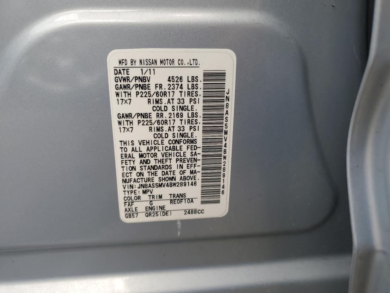 2011 Nissan Rogue S VIN: JN8AS5MV4BW289146 Lot: 57757424