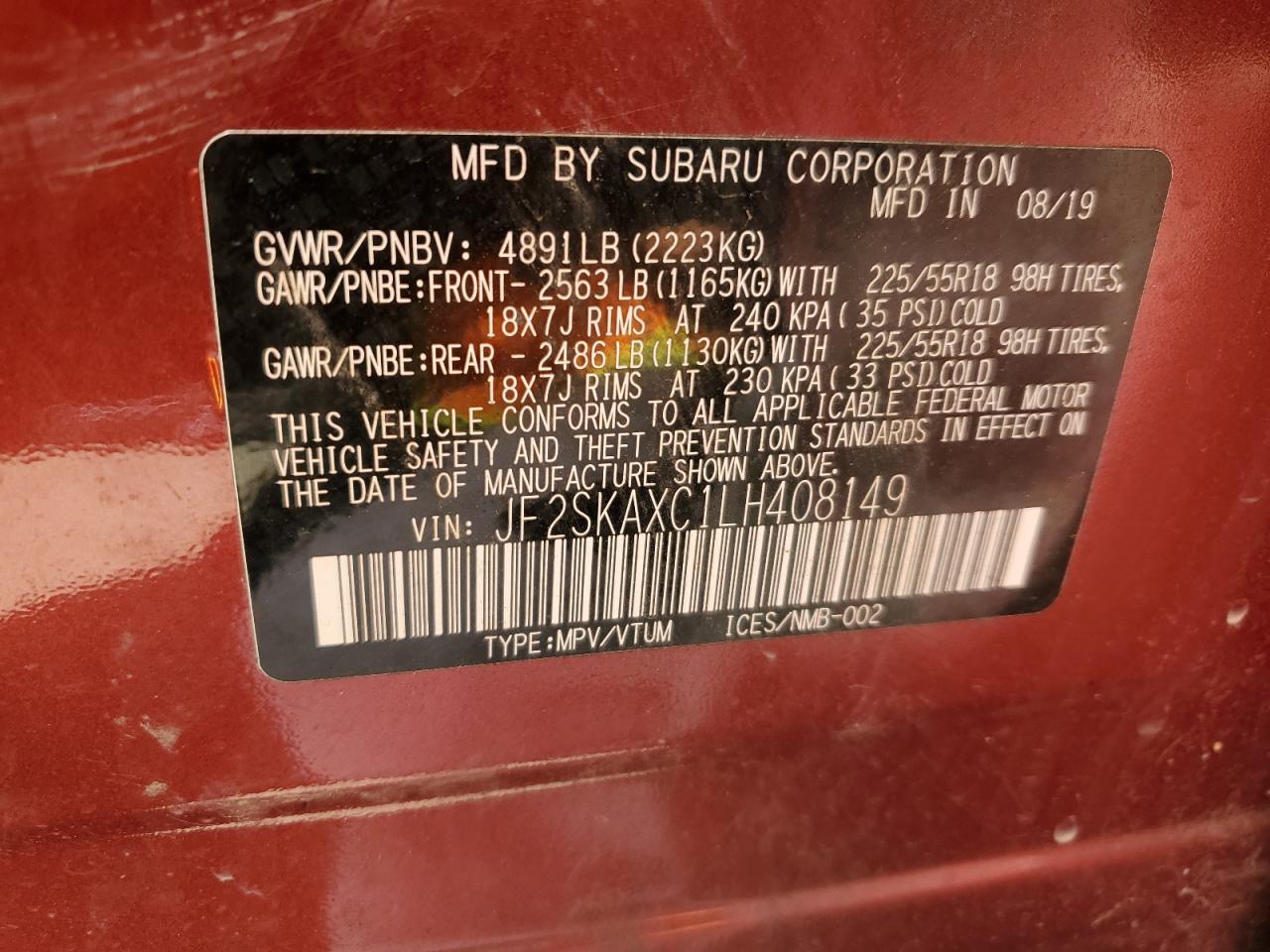 2020 Subaru Forester Touring VIN: JF2SKAXC1LH408149 Lot: 61154154