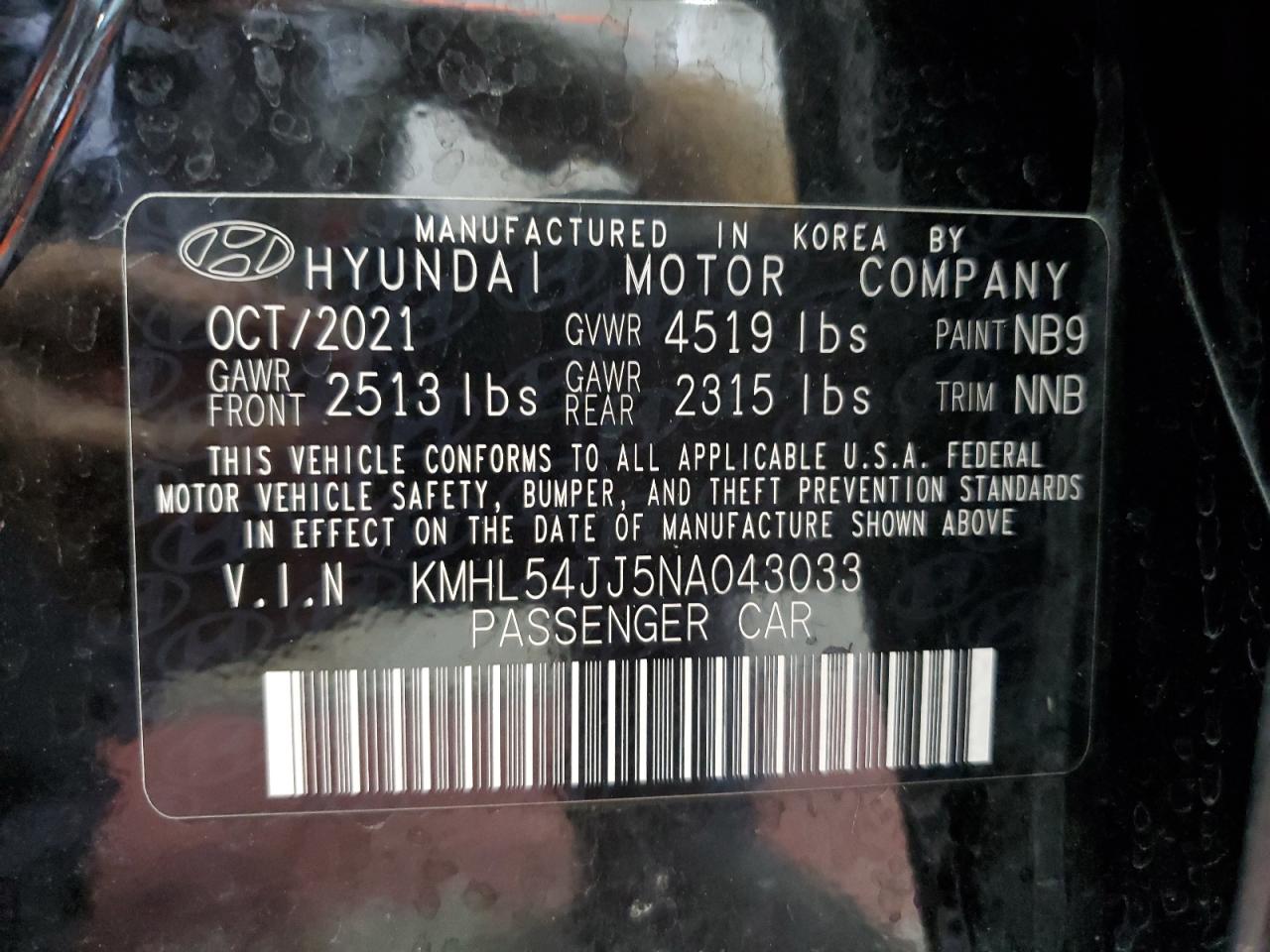2022 Hyundai Sonata Hybrid VIN: KMHL54JJ5NA043033 Lot: 65112534