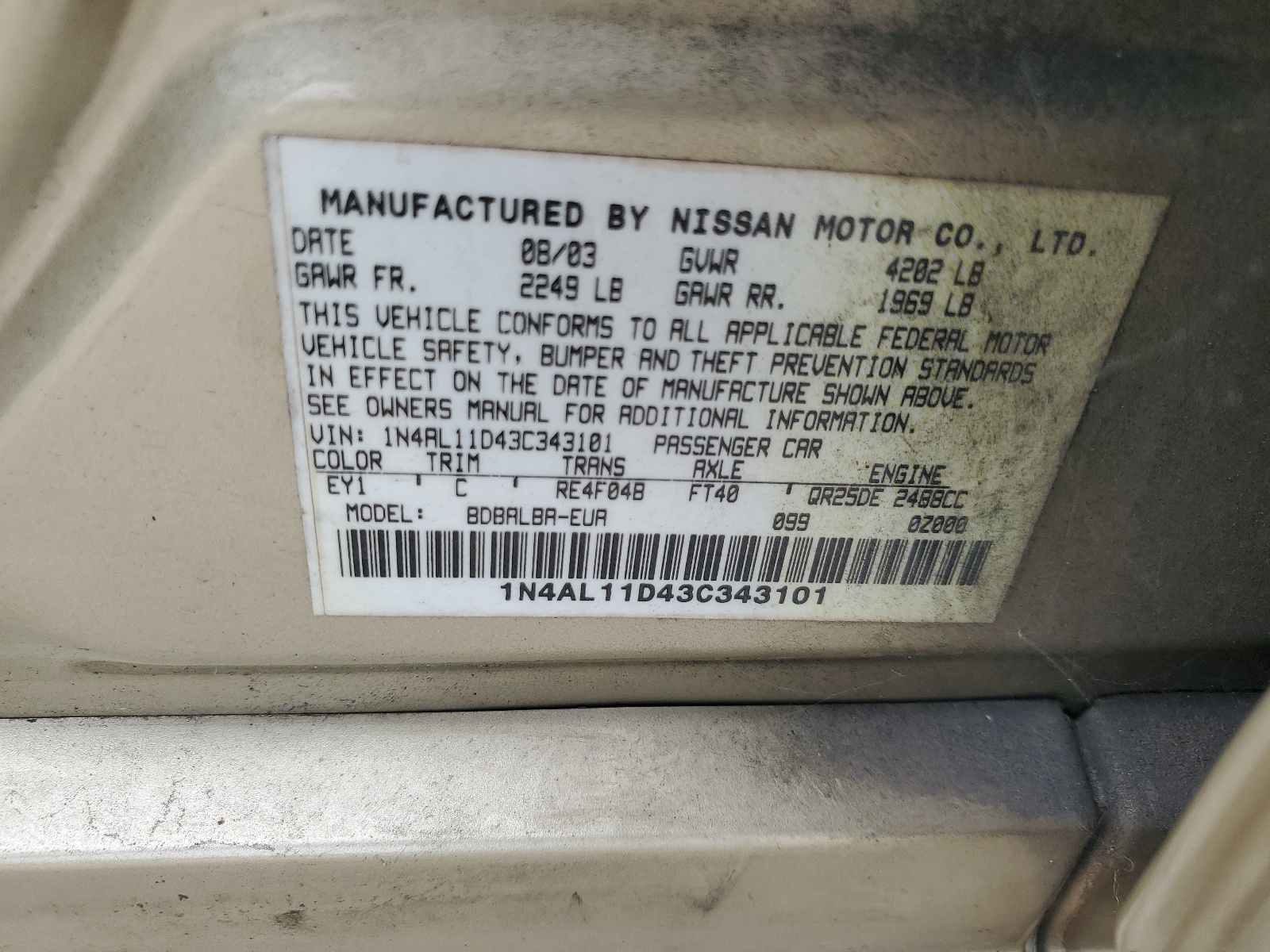 1N4AL11D43C343101 2003 Nissan Altima Base