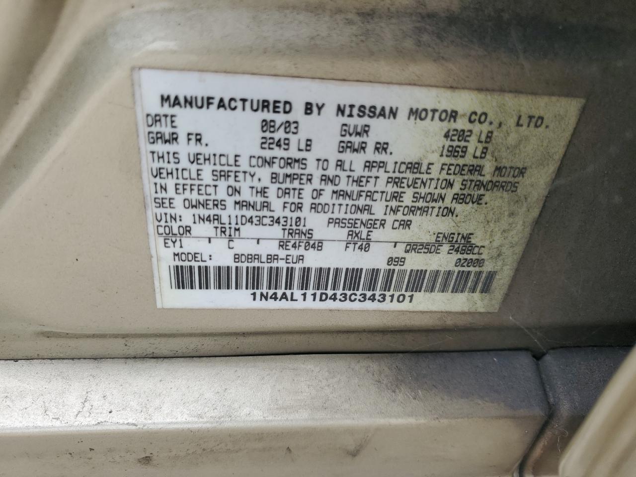 2003 Nissan Altima Base VIN: 1N4AL11D43C343101 Lot: 62231724