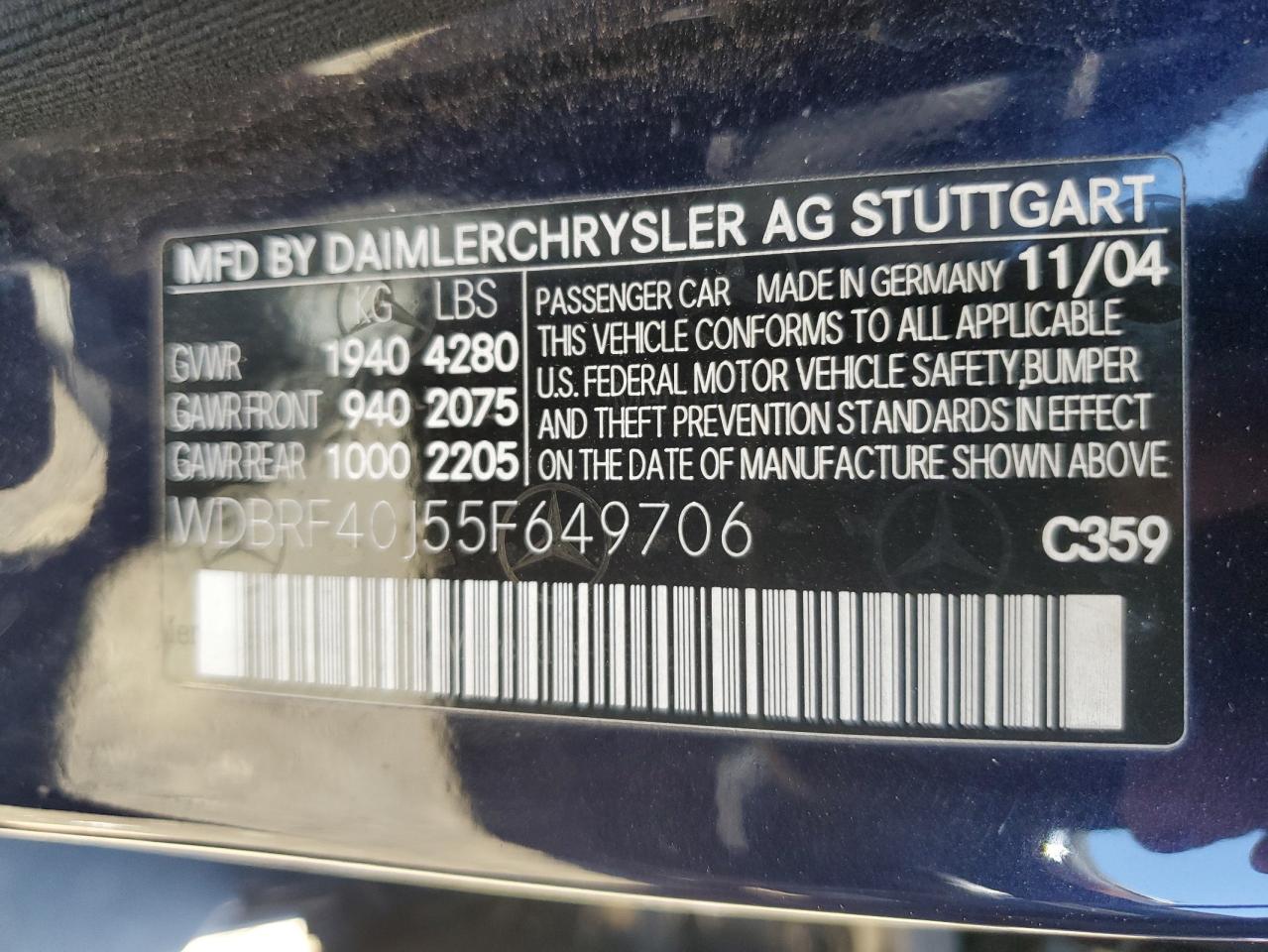 2005 Mercedes-Benz C 230K Sport Sedan VIN: WDBRF40J55F649706 Lot: 63931214