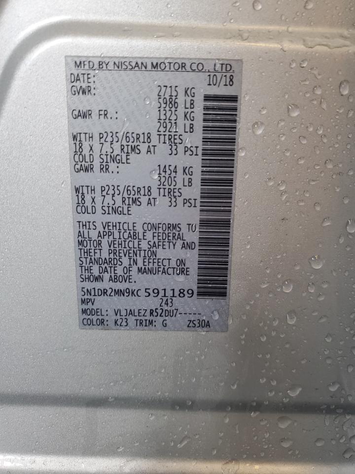 2019 Nissan Pathfinder S VIN: 5N1DR2MN9KC591189 Lot: 64472054