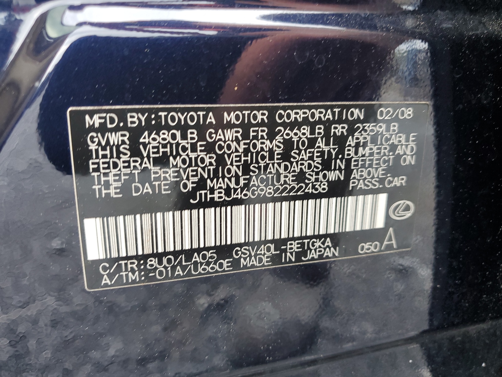 JTHBJ46G982222438 2008 Lexus Es 350