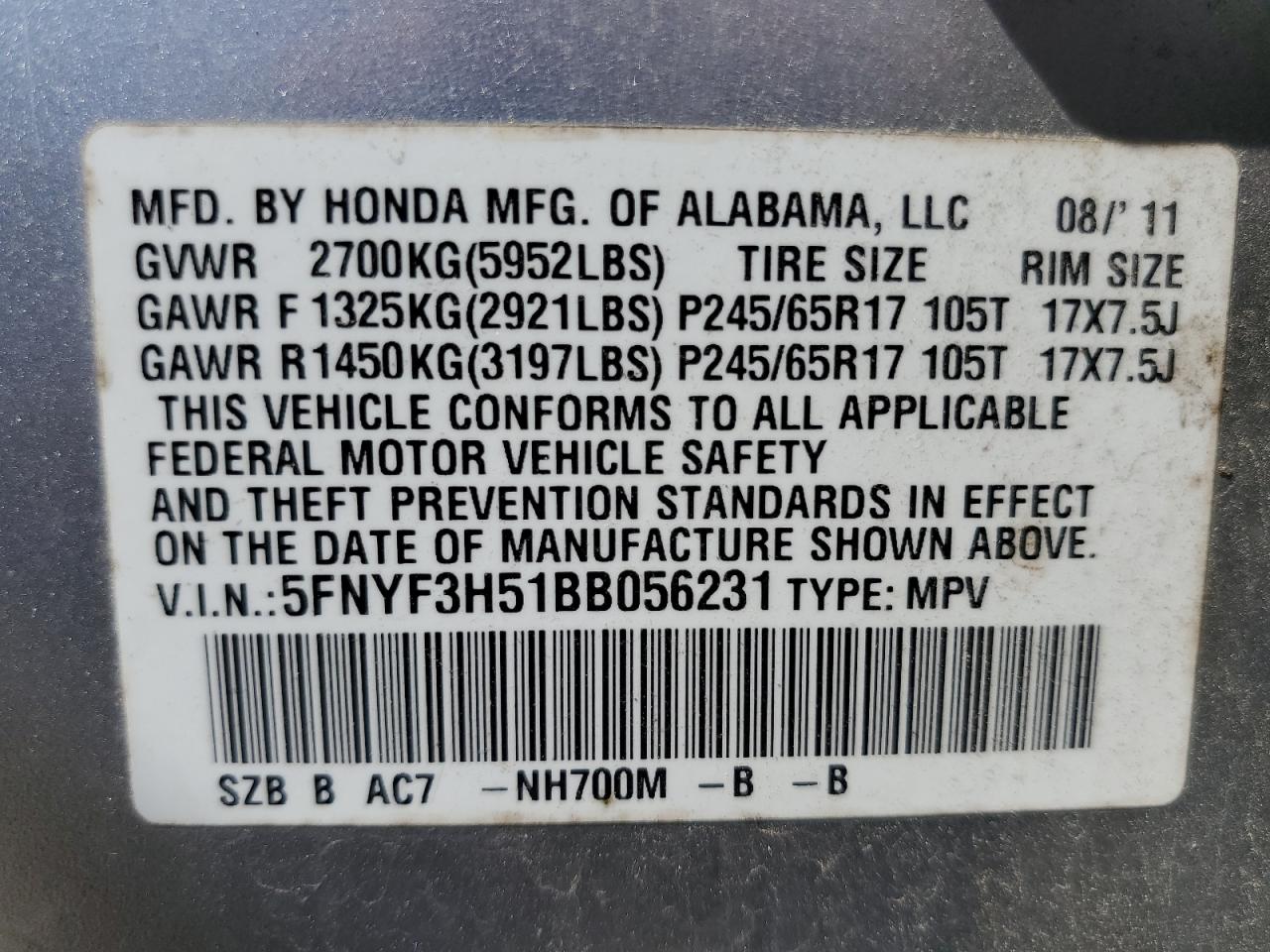 2011 Honda Pilot Exl VIN: 5FNYF3H51BB056231 Lot: 64109224