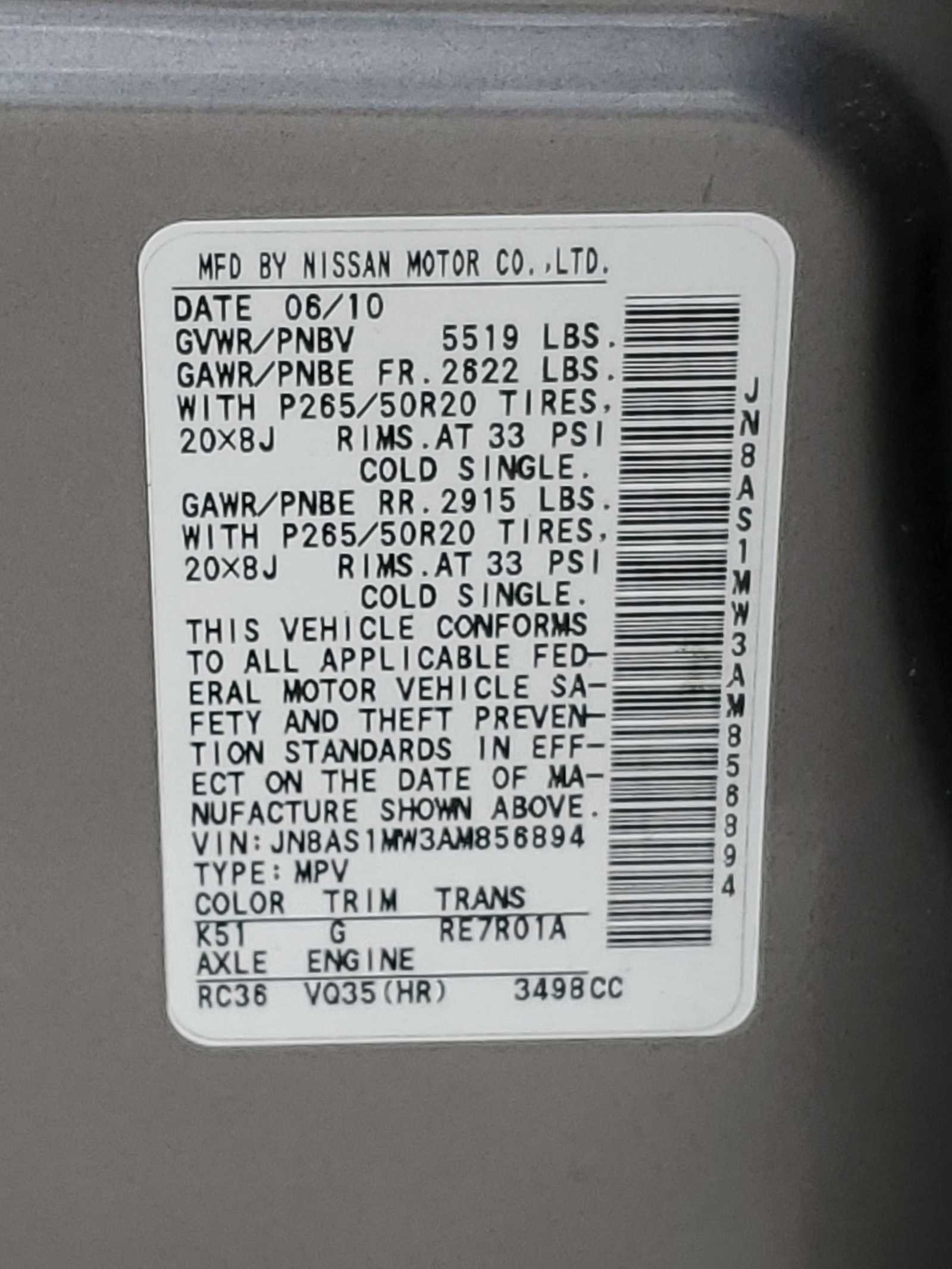 JN8AS1MW3AM856894 2010 Infiniti Fx35