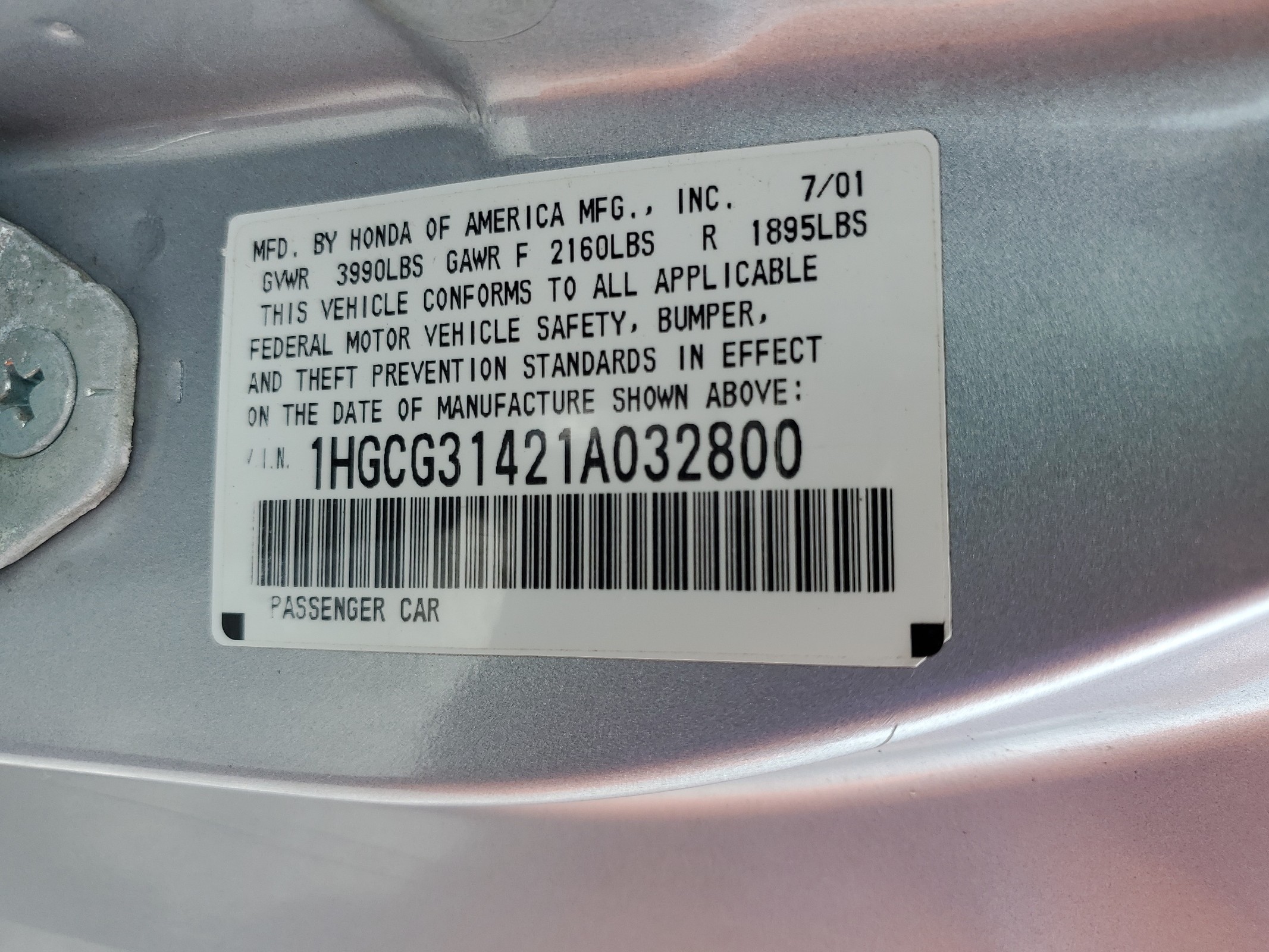 1HGCG31421A032800 2001 Honda Accord Lx