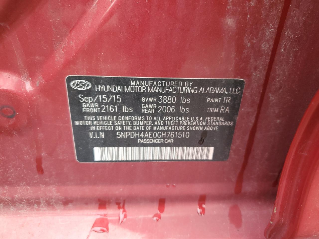 2016 Hyundai Elantra Se VIN: 5NPDH4AE0GH761510 Lot: 63897124