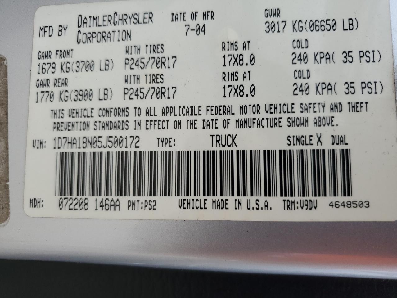 2005 Dodge Ram 1500 St VIN: 1D7HA18N05J500172 Lot: 64810814