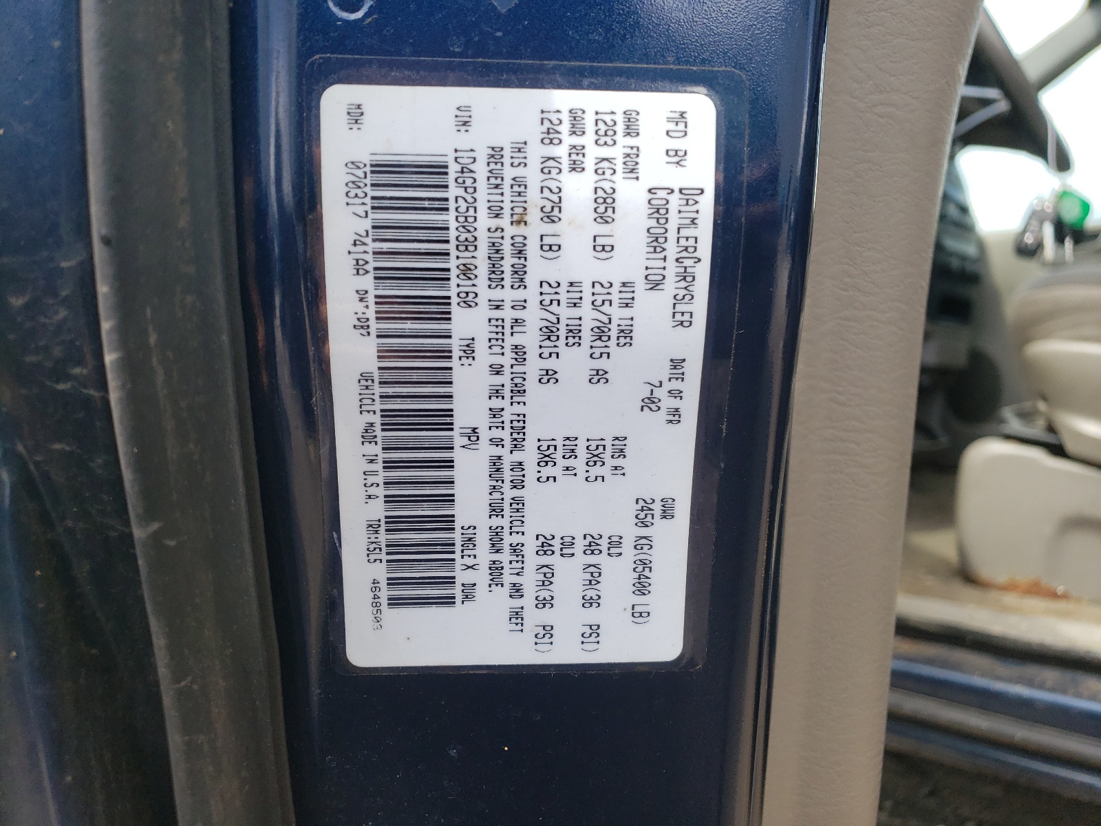 1D4GP25B03B100160 2003 Dodge Caravan Se