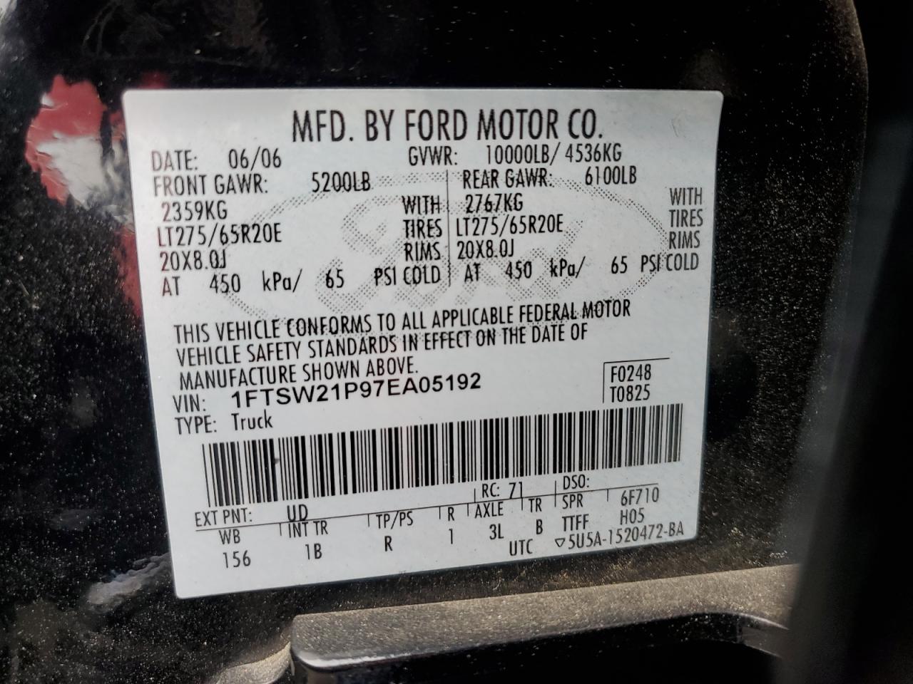 1FTSW21P97EA05192 2007 Ford F250 Super Duty