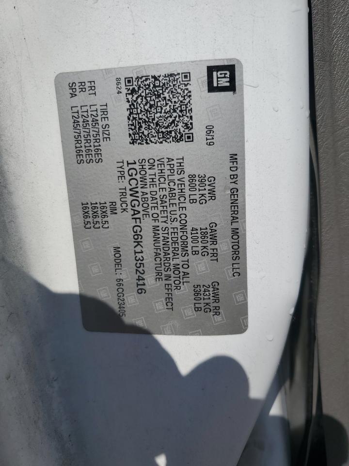 2019 Chevrolet Express G2500 VIN: 1GCWGAFG6K1352416 Lot: 63043274