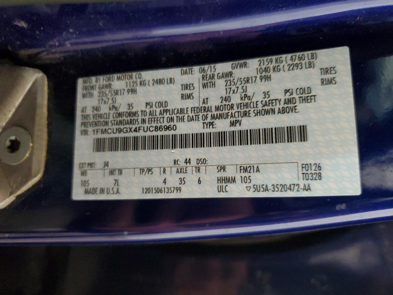 2015 Ford Escape Se VIN: 1FMCU9GX4FUC86960 Lot: 62981194