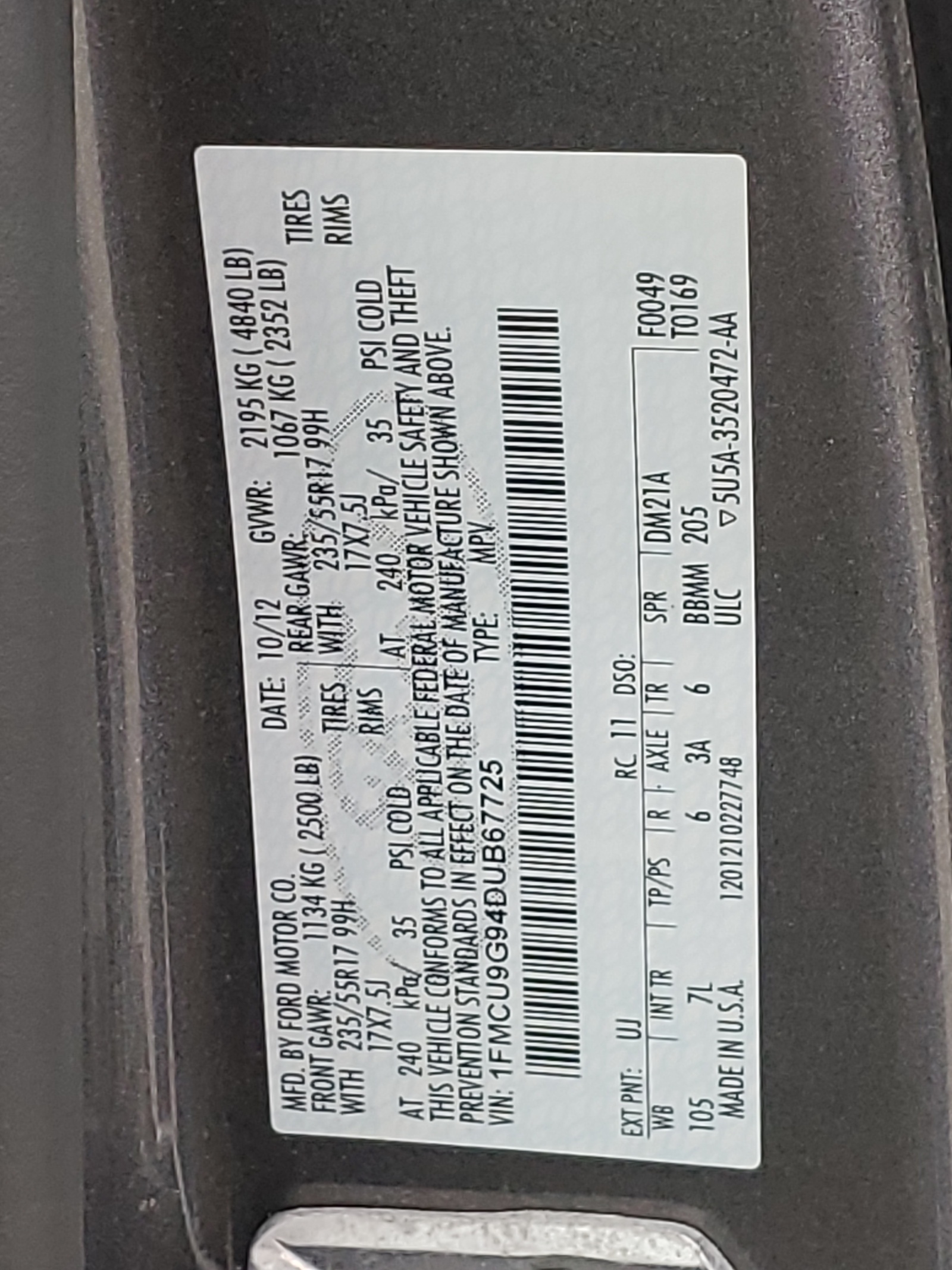 1FMCU9G94DUB67725 2013 Ford Escape Se