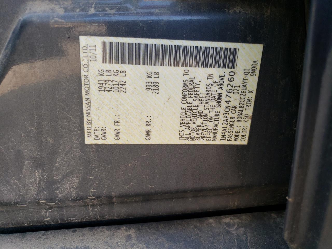 2012 Nissan Altima Base VIN: 1N4AL2AP3CN476260 Lot: 63991974