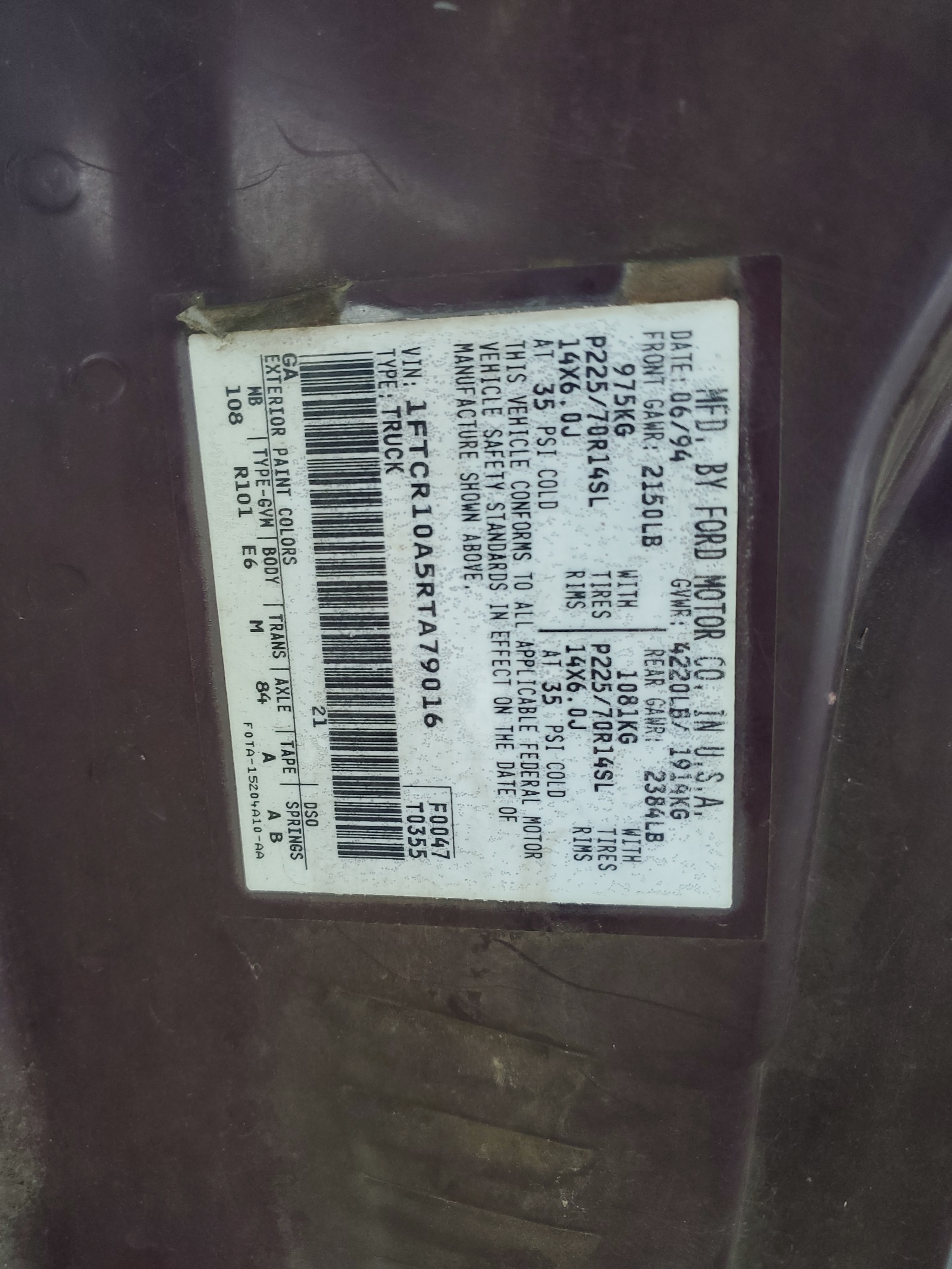 1FTCR10A5RTA79016 1994 Ford Ranger