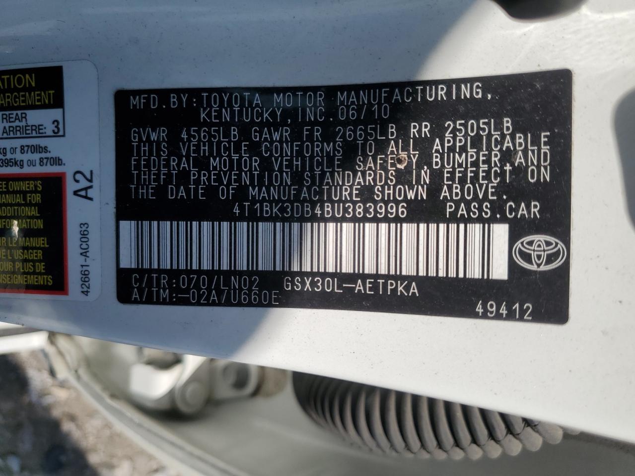 2011 Toyota Avalon Base VIN: 4T1BK3DB4BU383996 Lot: 62315964