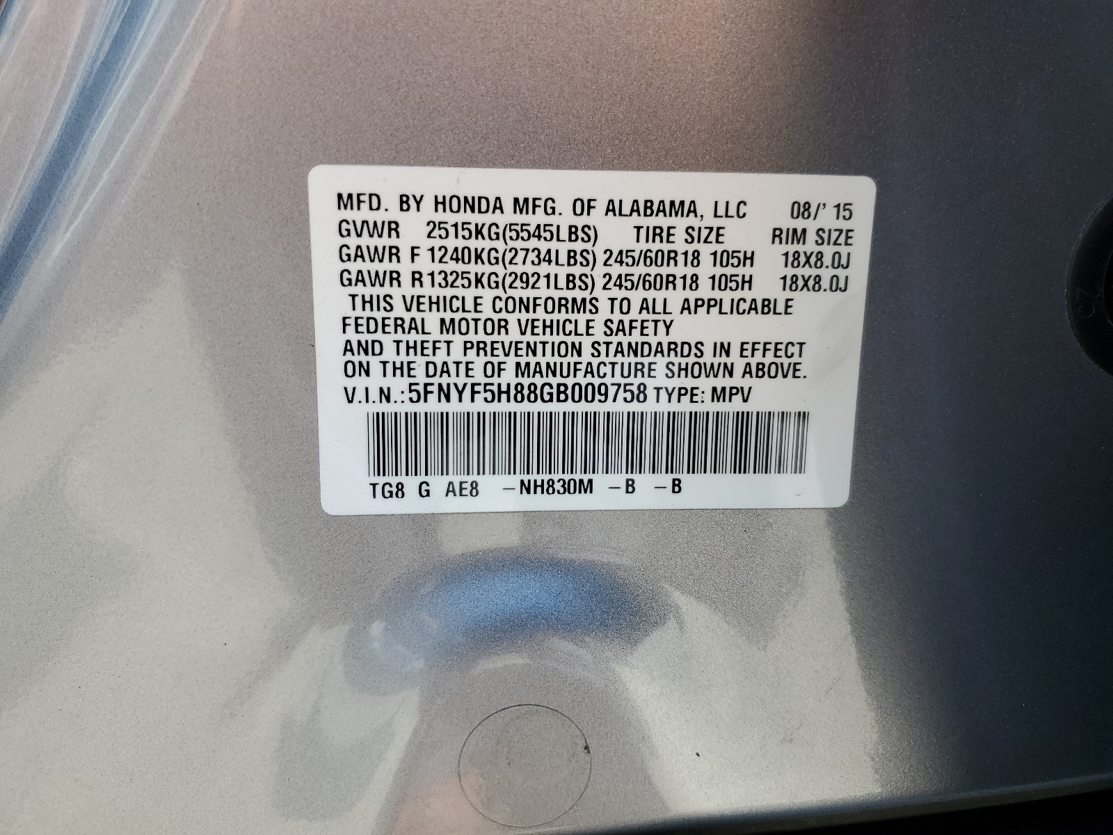 5FNYF5H88GB009758 2016 Honda Pilot Exl