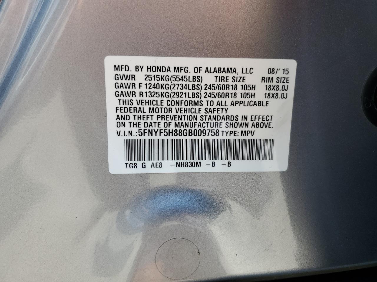 2016 Honda Pilot Exl VIN: 5FNYF5H88GB009758 Lot: 65387924