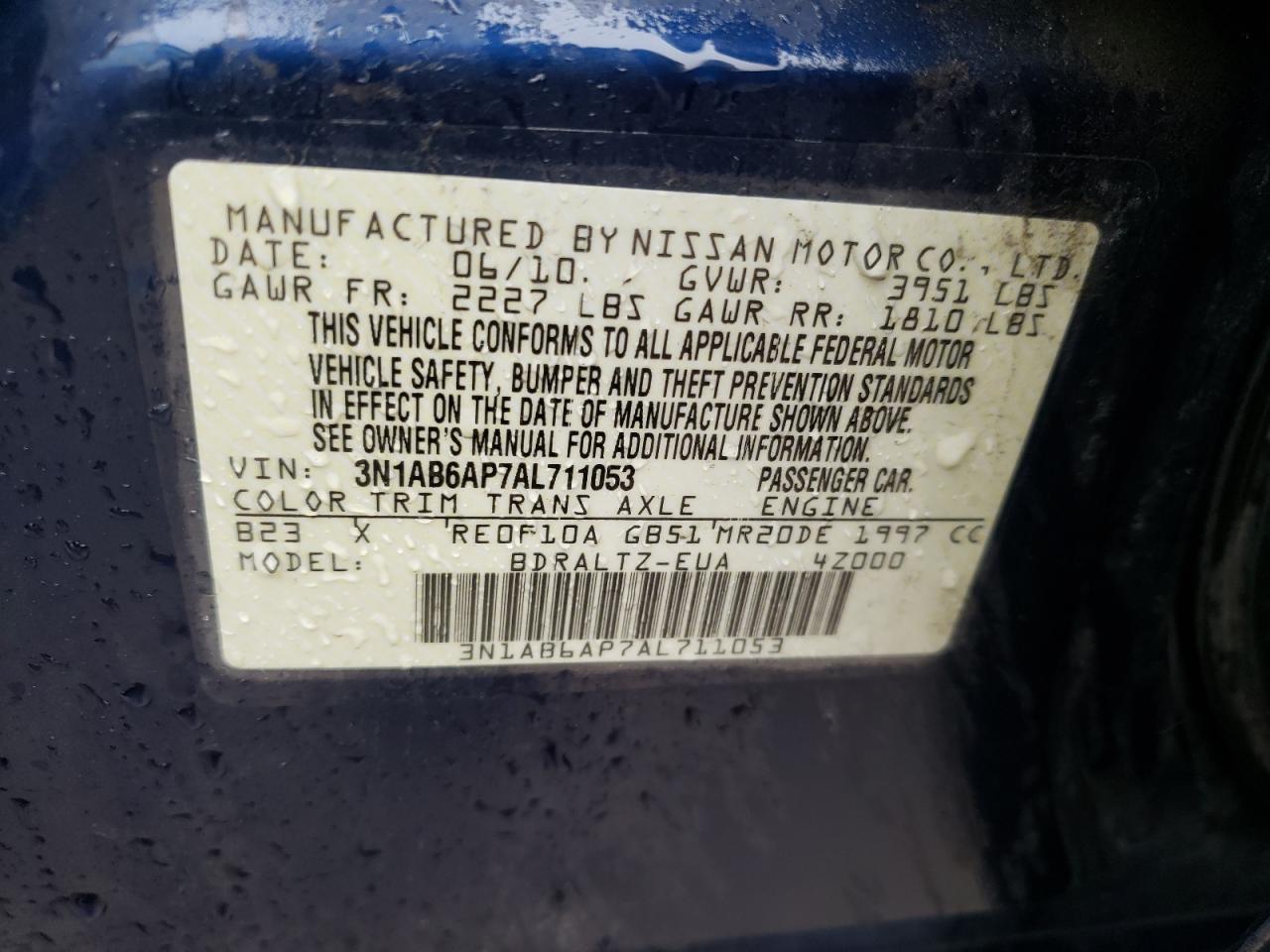 2010 Nissan Sentra 2.0 VIN: 3N1AB6AP7AL711053 Lot: 64887374