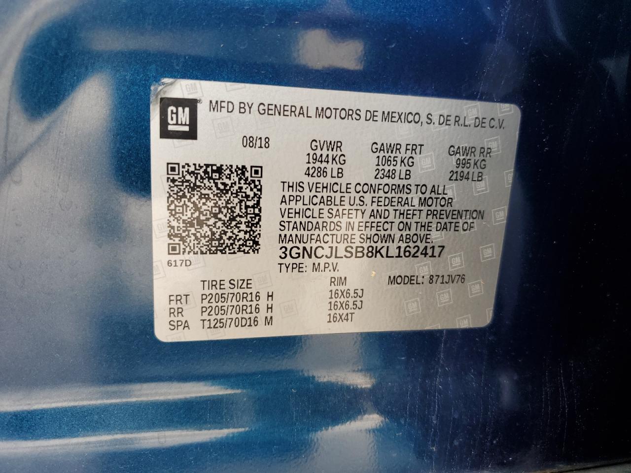 2019 Chevrolet Trax 1Lt VIN: 3GNCJLSB8KL162417 Lot: 64693994