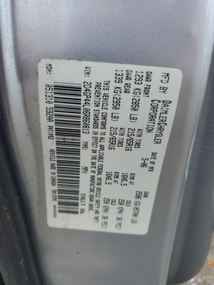 2006 Dodge Grand Caravan Sxt VIN: 2D4GP44L06R860813 Lot: 61864964