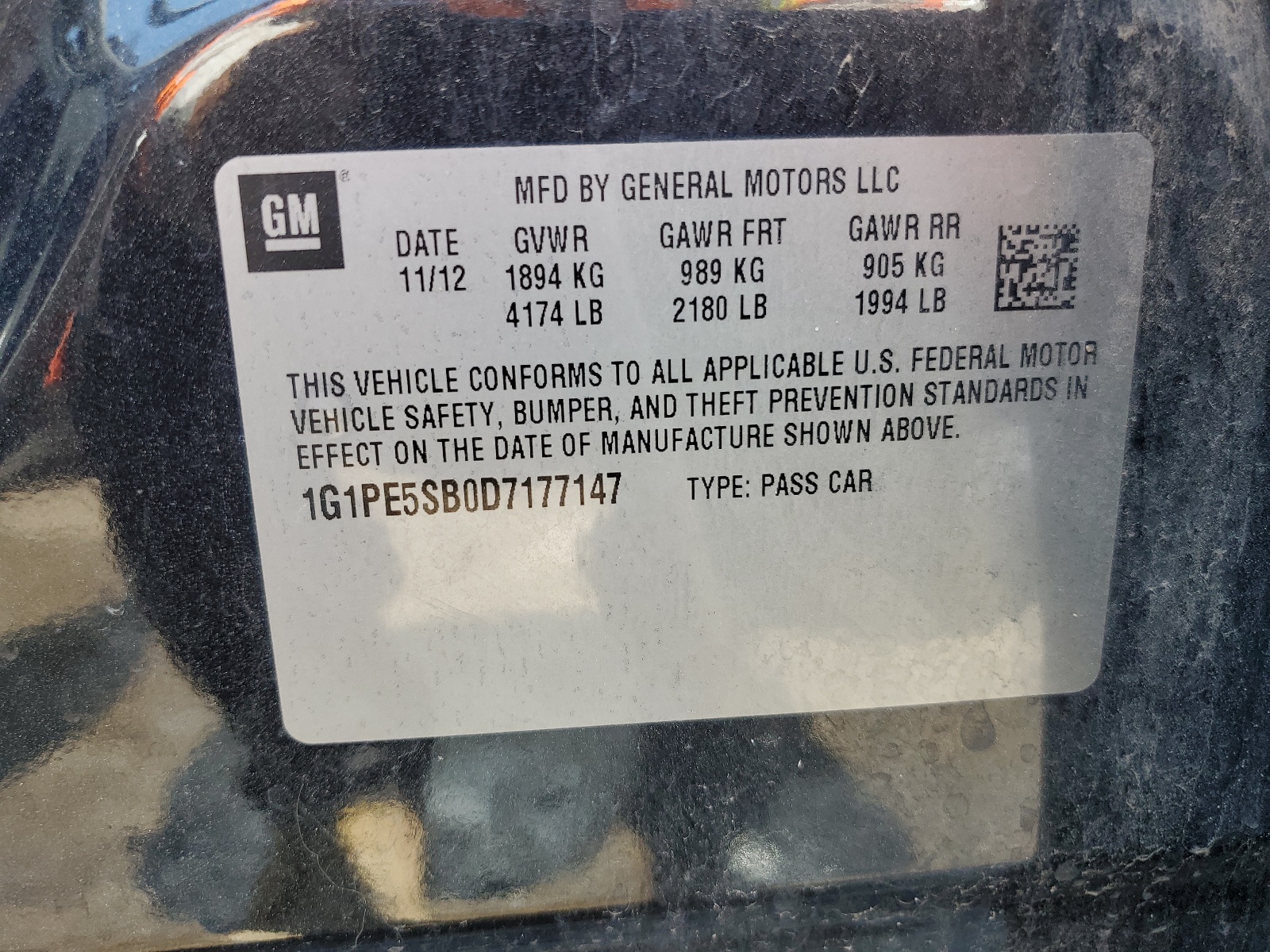 1G1PE5SB0D7177147 2013 Chevrolet Cruze Lt