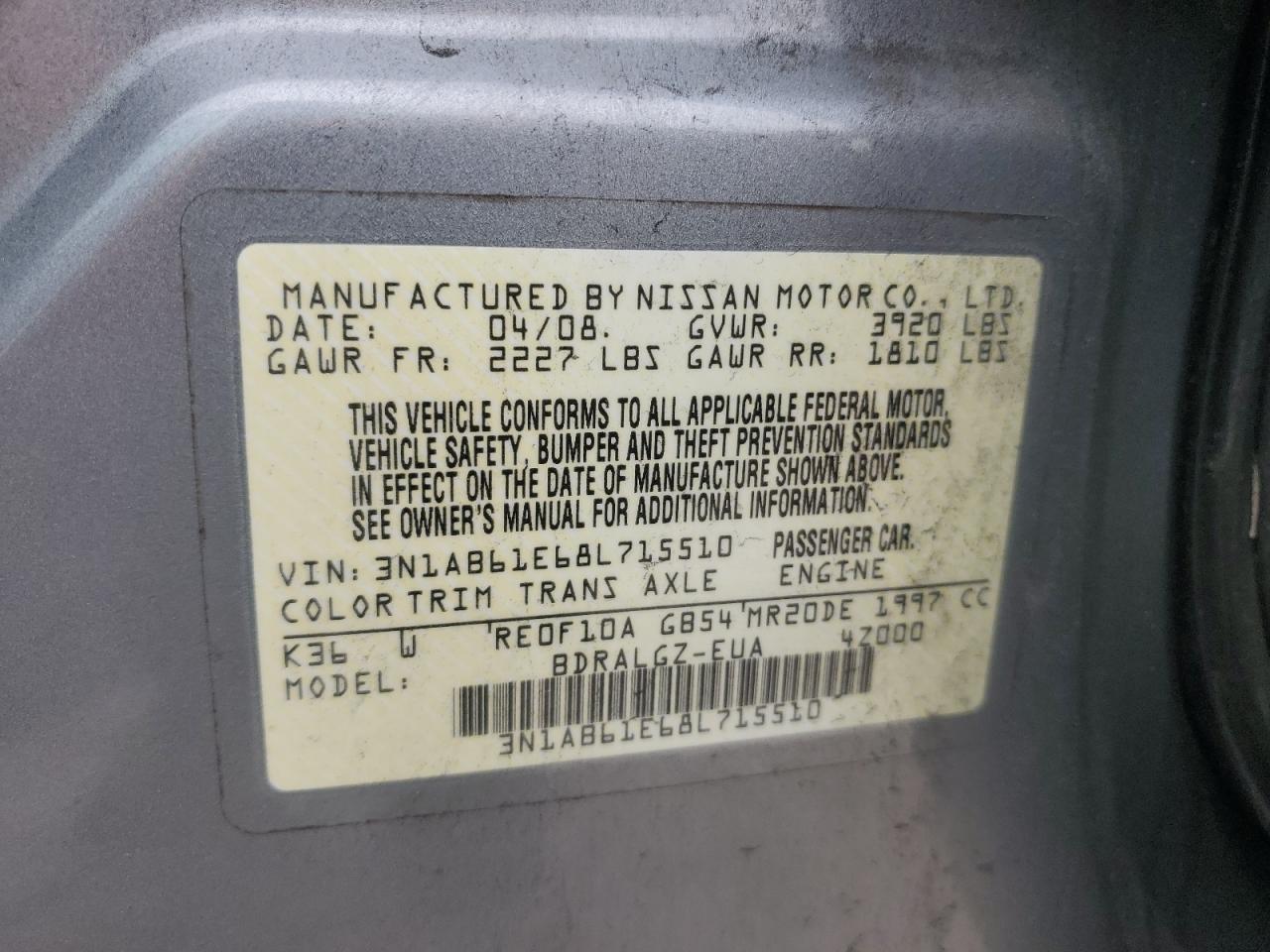 2008 Nissan Sentra 2.0 VIN: 3N1AB61E68L715510 Lot: 63621524