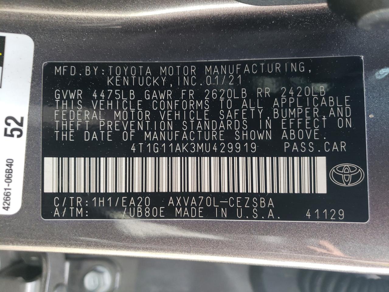 4T1G11AK3MU429919 2021 Toyota Camry Se