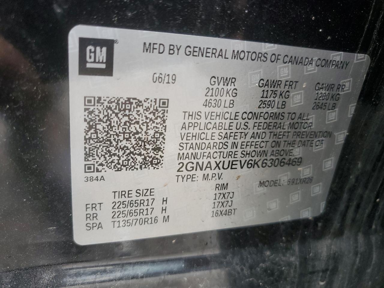 2019 Chevrolet Equinox Lt VIN: 2GNAXUEV6K6306469 Lot: 63059914