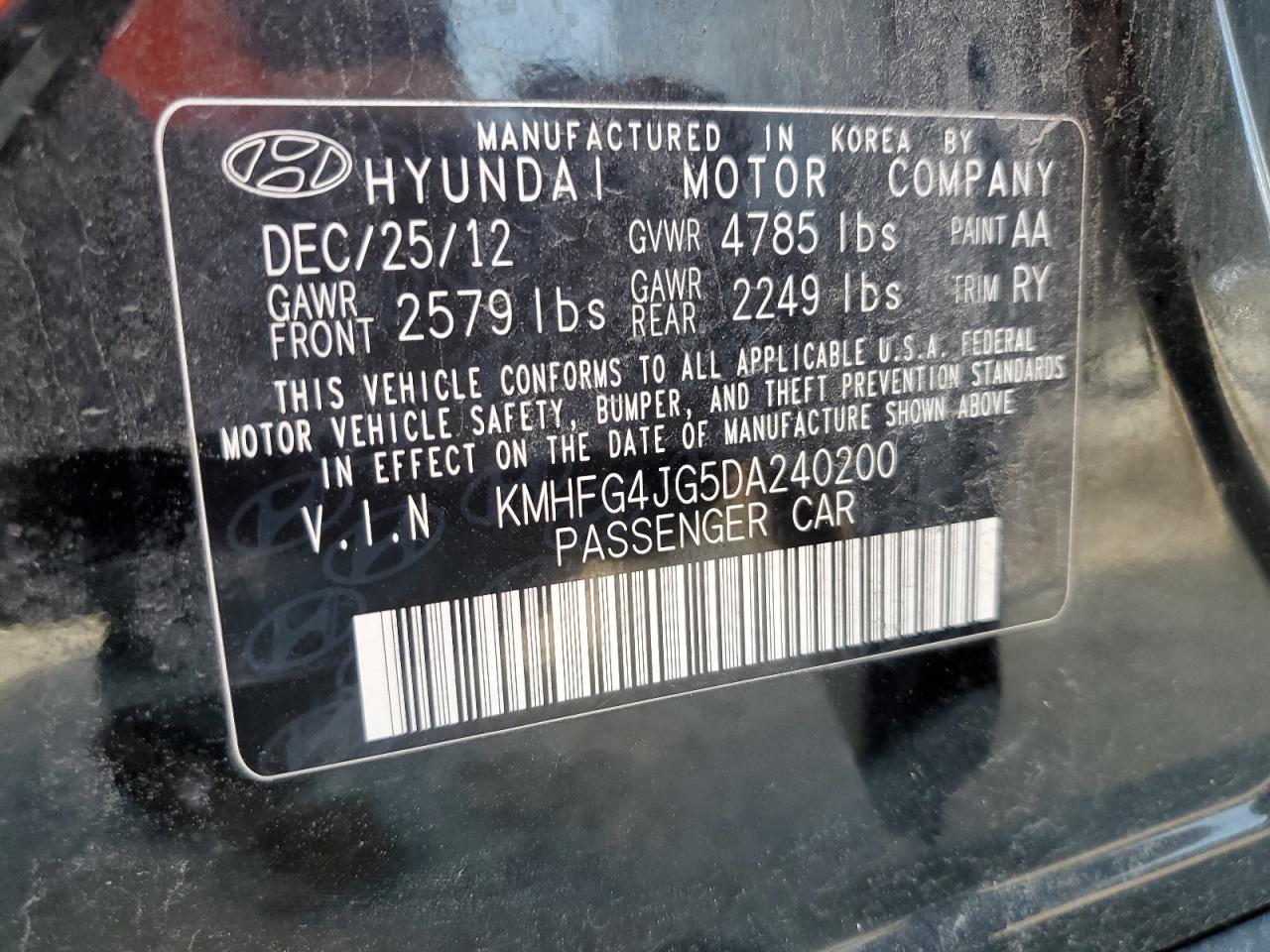 2013 Hyundai Azera VIN: KMHFG4JG5DA240200 Lot: 63081864