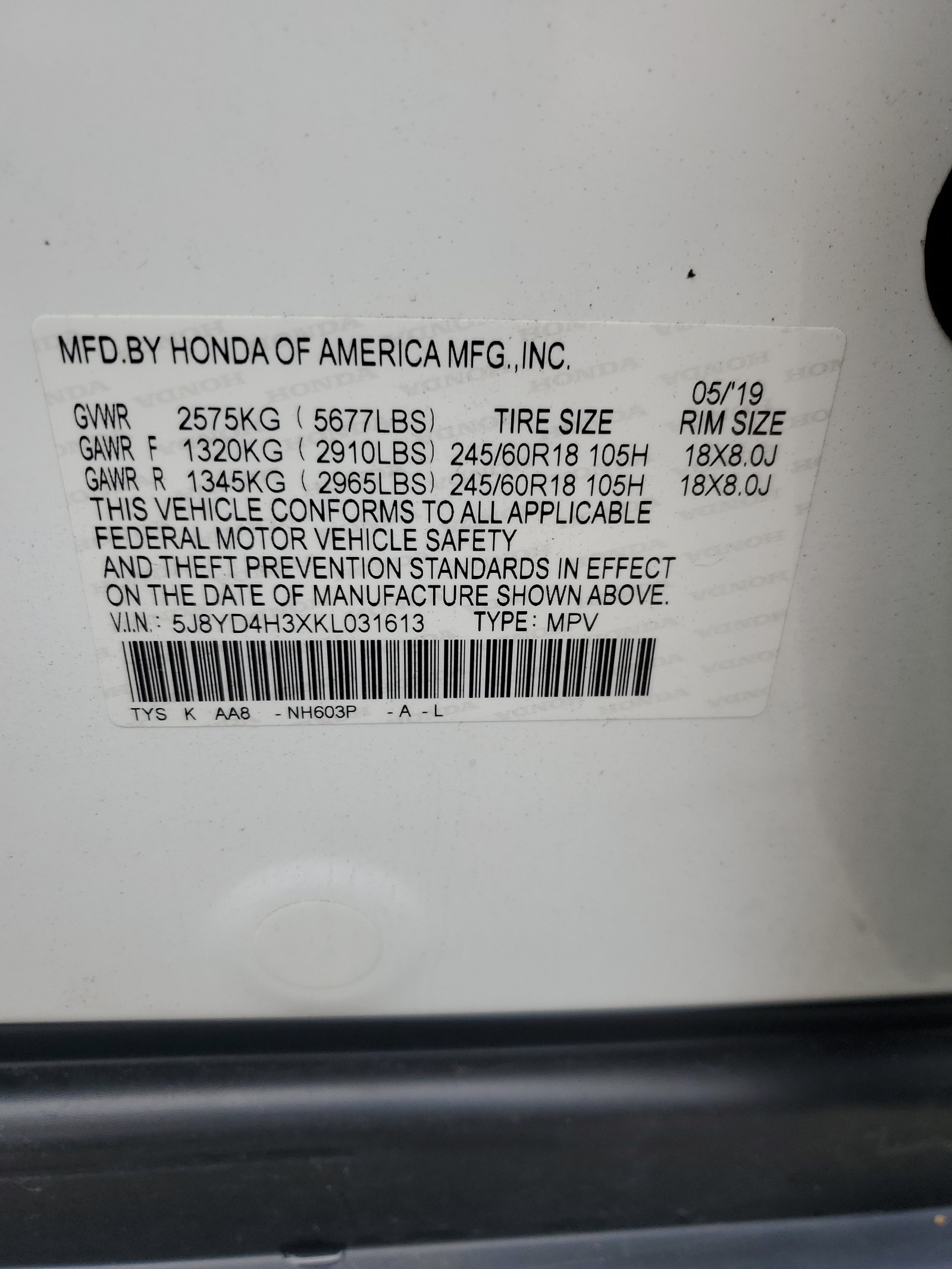5J8YD4H3XKL031613 2019 Acura Mdx