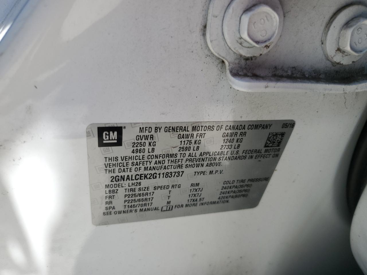 2016 Chevrolet Equinox Lt VIN: 2GNALCEK2G1183737 Lot: 62797534