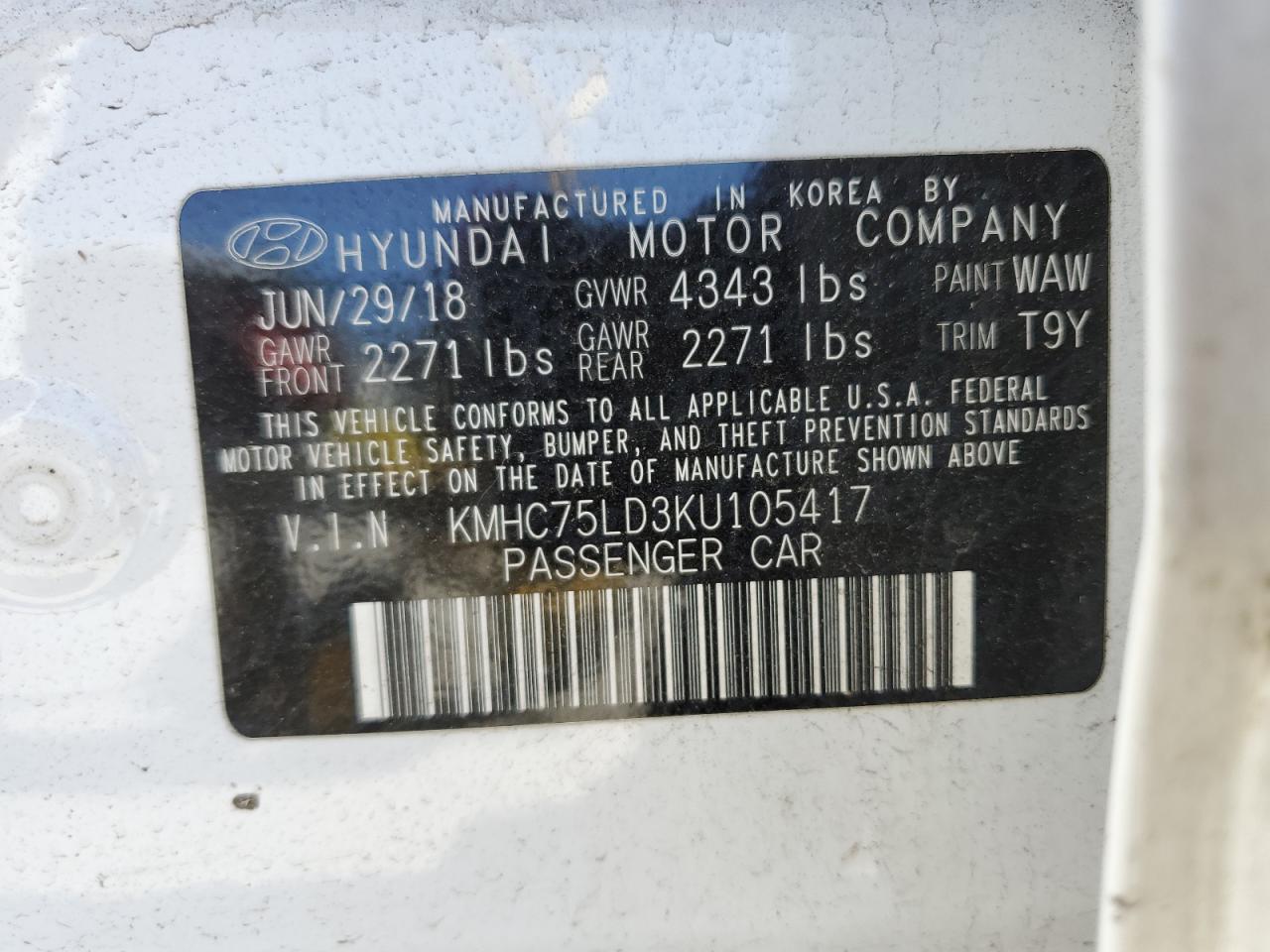 2019 Hyundai Ioniq Limited VIN: KMHC75LD3KU105417 Lot: 63463144