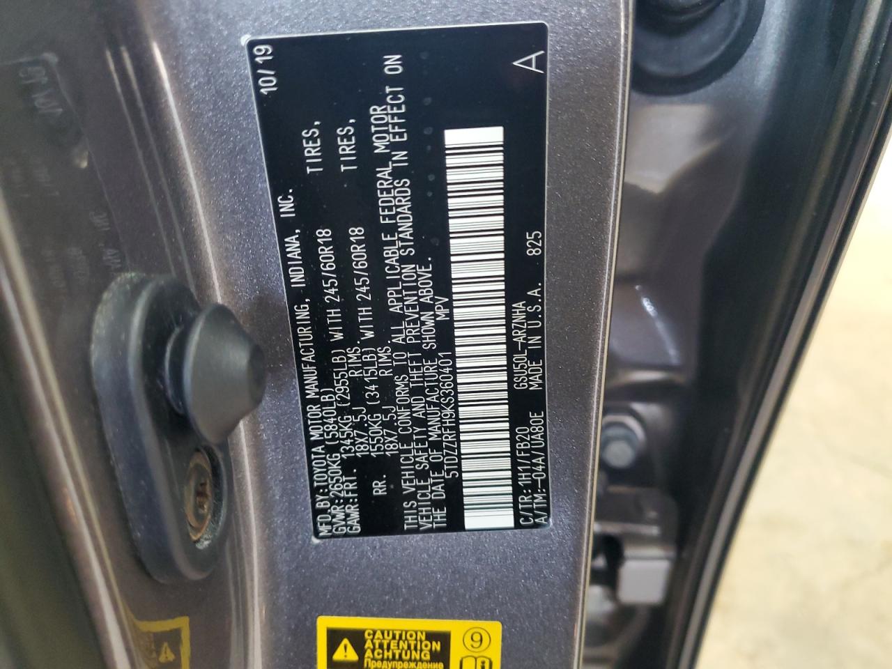 2019 Toyota Highlander Le VIN: 5TDZZRFH9KS360401 Lot: 64034524