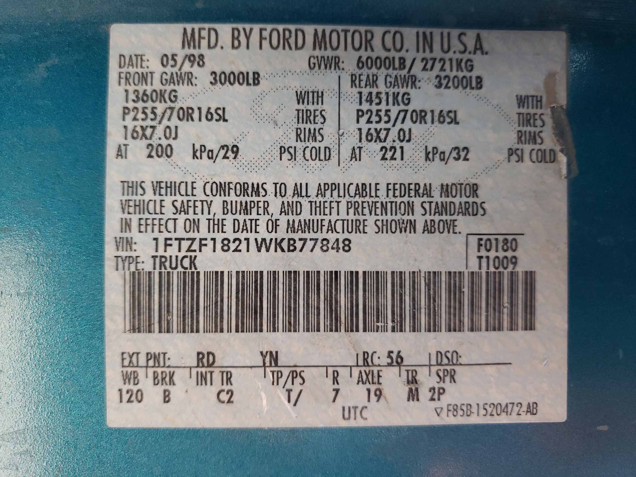 1FTZF1821WKB77848 1998 Ford F150